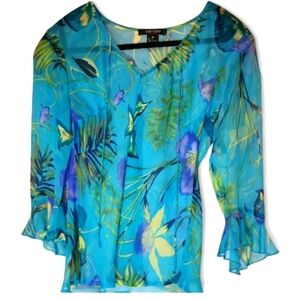 KAREN KANE Blue and Green Floral Blouse Size Medium